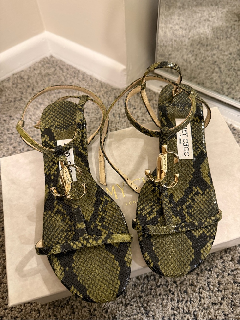 Jimmy Choo Olive Snake-Print Leather Ankle-Strap Sandals with Gold Logo